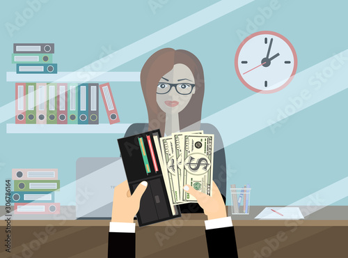 Bank teller behind window. Hand with cash. Depositing money in bank account. People service and payment. Vector illustration in flat style