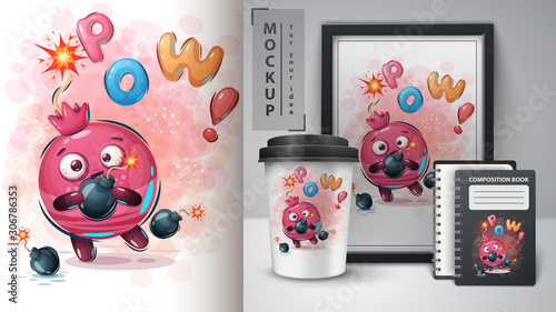 Pomegranate with bomb poster and merchandising
