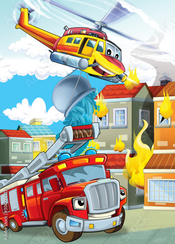 cartoon stage with different machines for firefighting helicopter and fire truck colorful scene illustration for children