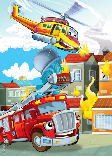 Fototapeta Naklejka Na Ścianę i Meble -  cartoon stage with different machines for firefighting helicopter and fire truck colorful scene illustration for children