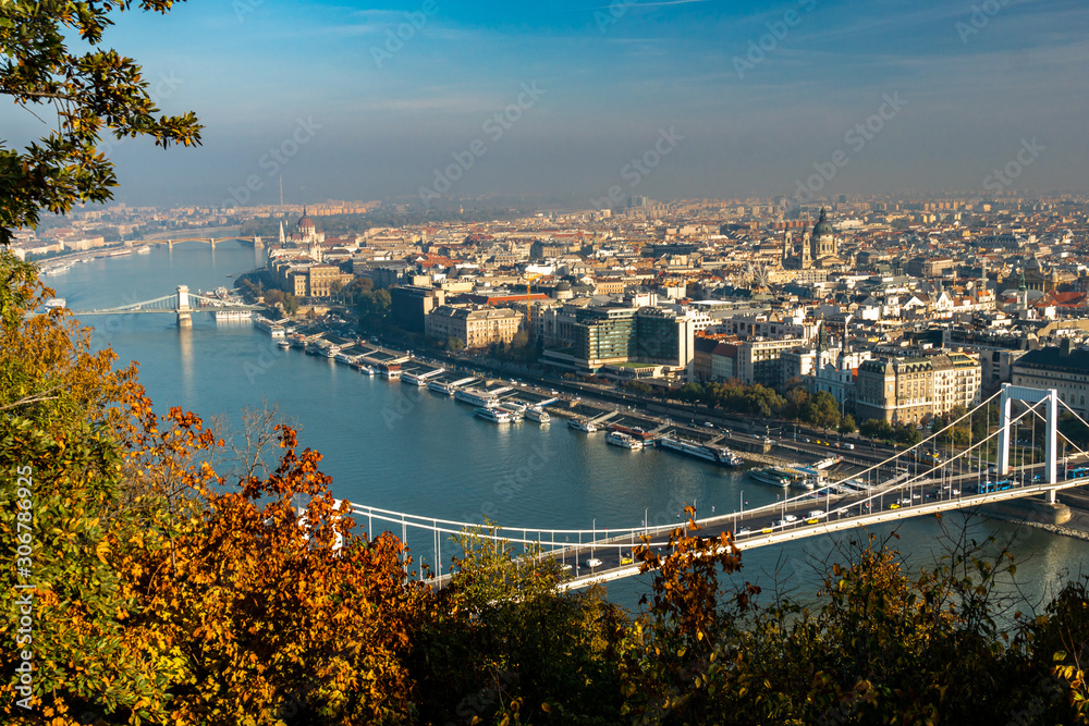 Fototapeta premium Budapest panorama, taken from Gellert Hill in an autumn hazy morning.