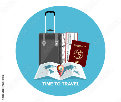 Travel and tourism concept. Air tickets, passports and travel suitcase with funky stickers and world map, civilian plane, tourism and planning, vector illustration. Travel Concept.