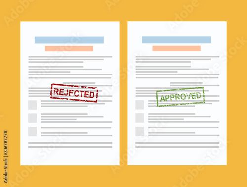 Documents with approved stamp and rejected stamp. White sheets of paper. Visa, recruiting, employment, job application, contract concepts. Modern flat design graphic elements set. Vector illustration