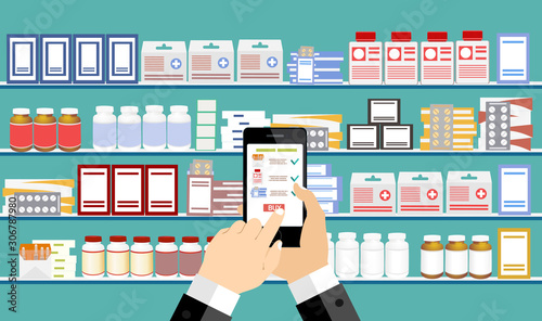 Hand pharmacist hands holding white tablet, medicines on shelves in background. Online pharmacy concept. Finger touch pay button on screen for medicine online payment via application.
