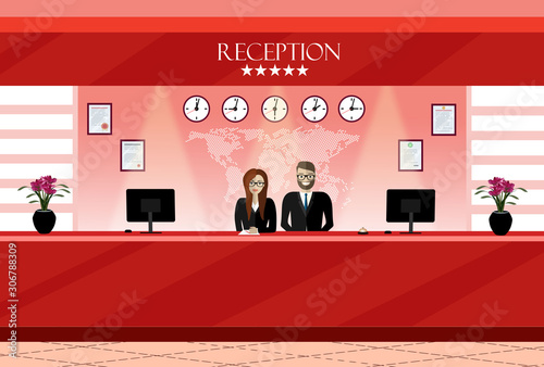 Hotel reception. Young woman and man receptionists are stand at reception desk. Travel, hospitality, hotel booking concept.