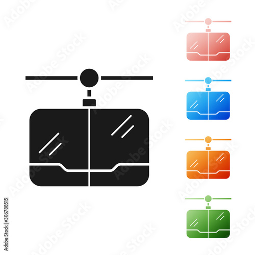 Black Cable car icon isolated on white background. Funicular sign. Set icons colorful. Vector Illustration