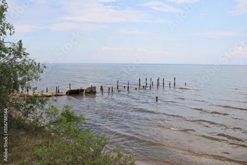 Fototapeta Naklejka Na Ścianę i Meble -  Wild shore of the Gulf of Riga and wooden poles in the water from the old boat pier
