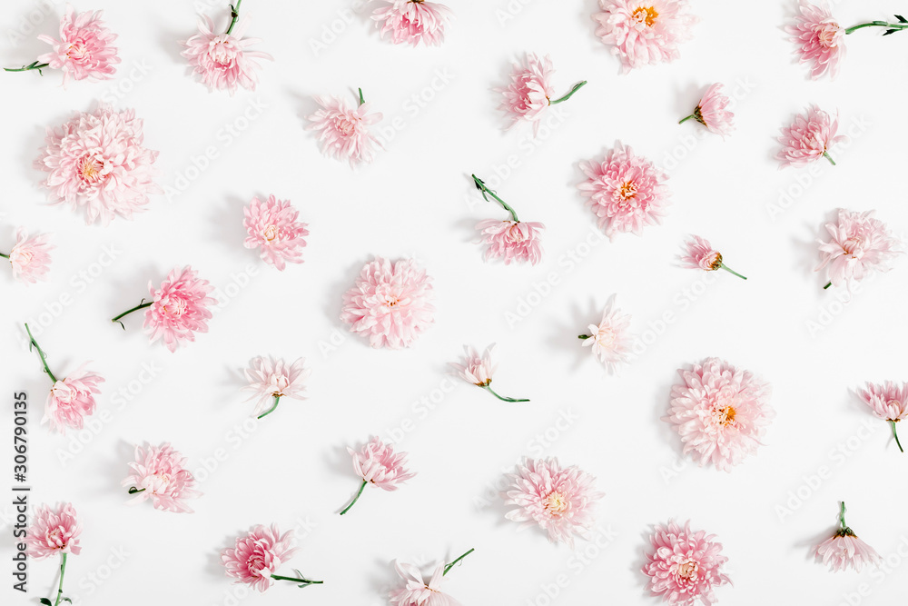 Beautiful flowers composition. Pink flowers on white background. Valentines Day, Easter, Happy Women's Day, Mother's day. Flat lay, top view, copy space Beautiful flowers composition. Pink flowers on white background. Valentines Day, Easter, Happy Women's Day, Mother's day. Flat lay, top view, copy space