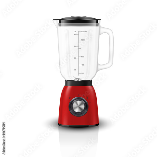 Vector 3d Realistic Electric Red Juicer Blender Appliance with Glass Container Icon Closeup Isolated on White Background. Design Template, Health Food and Drink Concept