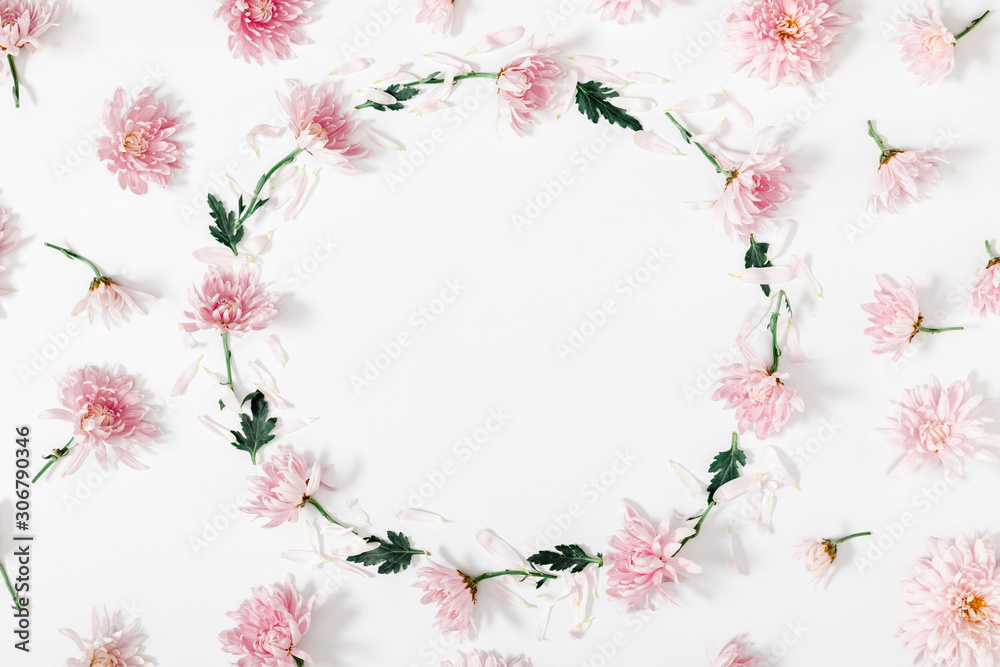 Beautiful flowers composition. Wreath made of pink flowers on  white background. Valentines Day, Easter, Happy Women's Day, Mother's day. Flat lay, top view, copy space