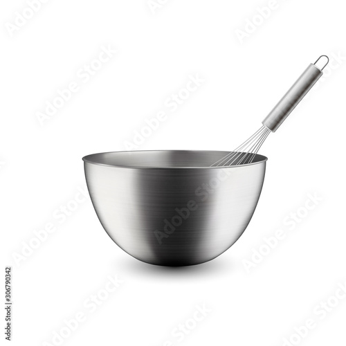 Vector 3d Realistic Steel, Chrome, Silver Metal Hemisphere Circle Bowl and Whisk Closeup Isolated on White Background. Utensils for Kitchens. Design Template, Health Food and Drink Concept