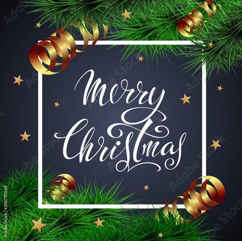 Merry Christmas! Congratulatory poster with festive seasonal paraphernalia and lettering. Vector image.