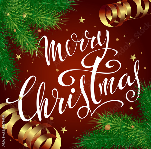 Merry Christmas! Congratulatory poster with festive seasonal paraphernalia and lettering. Vector image.