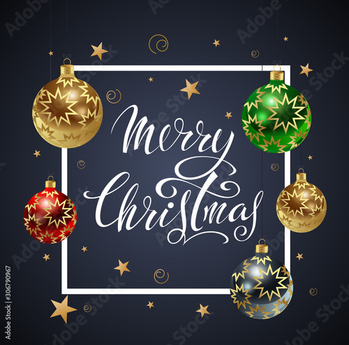 Merry Christmas! Congratulatory poster with festive seasonal paraphernalia and lettering. Vector image.