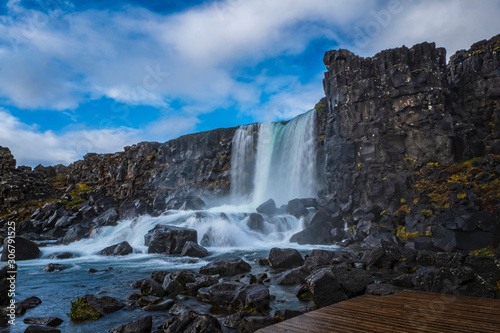 Beautiful Oxararfoss waterfall in sebtember 2019, Thingvellir National Park, Iceland