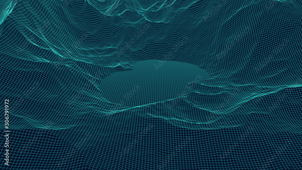 Vector wireframe 3d landscape with an abstract lake. Technology grid illustration. Network of connected dots and lines.
