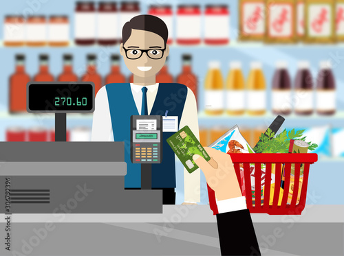 Payment by bank card. Supermarket interior. Cashier counter workplace. Shelves with products. Cash register and keypad. Vector illustration in flat style