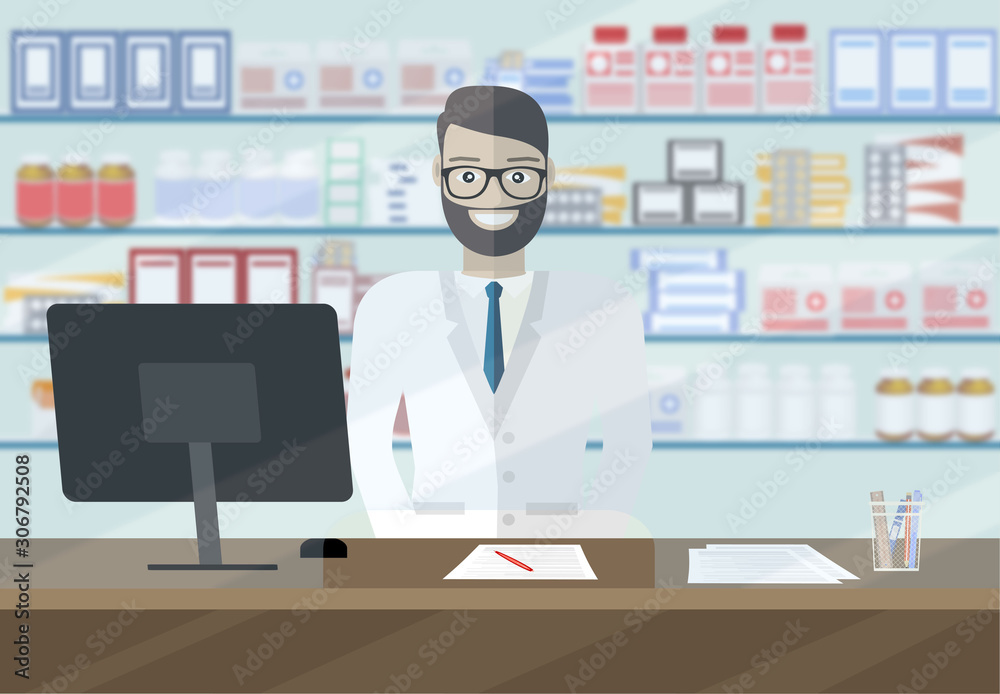 Pharmacist showing some medicine. Pharmaciy. Young man at the workplace in a pharmacy: standing in front of shelves with medicines. Vector illustration Pharmacist showing some medicine. Pharmaciy. Young man at the workplace in a pharmacy: standing in front of shelves with medicines. Vector illustration