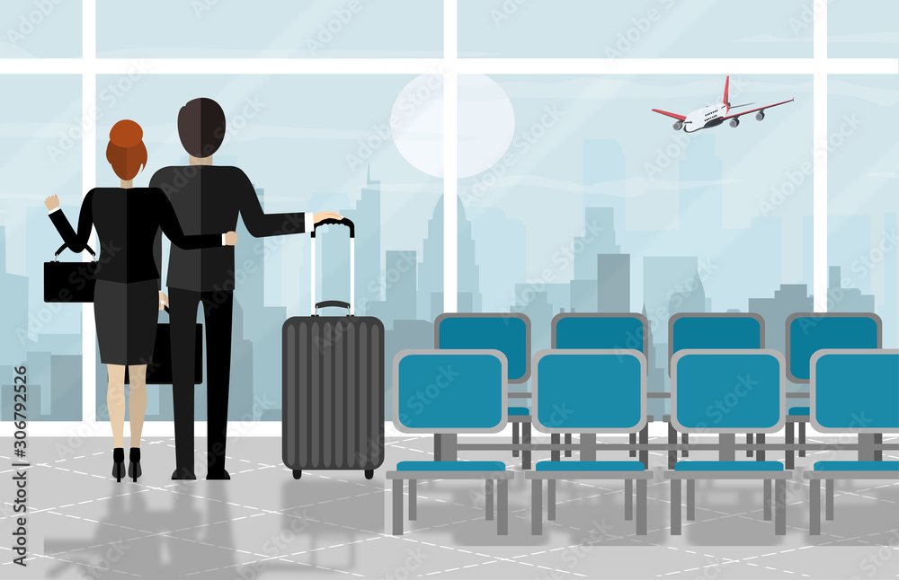Fototapeta premium Business man and woman at airport with suitcase, cityscape in background. Travel, vacation, Business trip concept. Vector illustration in flat design.