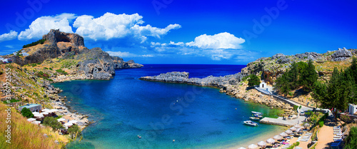 Saint Pauls Bay and Acropolis at Lindos, Rhodes, Greece. photo