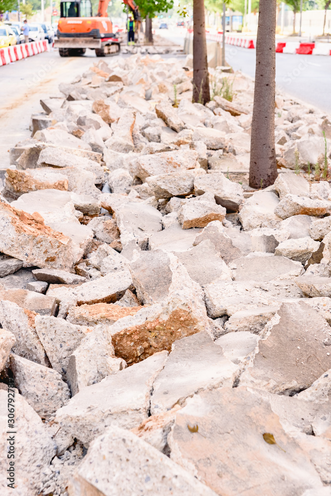 Fototapeta premium Broken asphalt and debris from some street repair work.