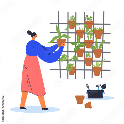 Decorative vertical garden concept.Woman gardener grows plants in pots.Environment friendly eco design.A new way to decorate the interior with house greenery.Modern hobby.Vector flat illustration photo
