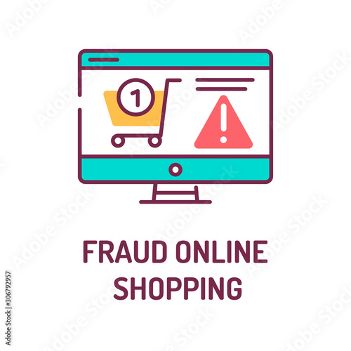 Fraud online shopping color line icon. Involve scammers pretending to be legitimate online sellers, either with a fake website or a fake ad on a genuine retailer site. UI UX GUI design element.