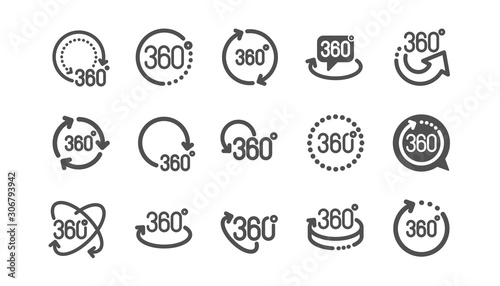 360 degrees icons. Rotate arrow  VR panoramic simulation and augmented reality. 360 degrees virtual gaming  abstract geometry  full rotation view icons. Classic set. Quality set. Vector