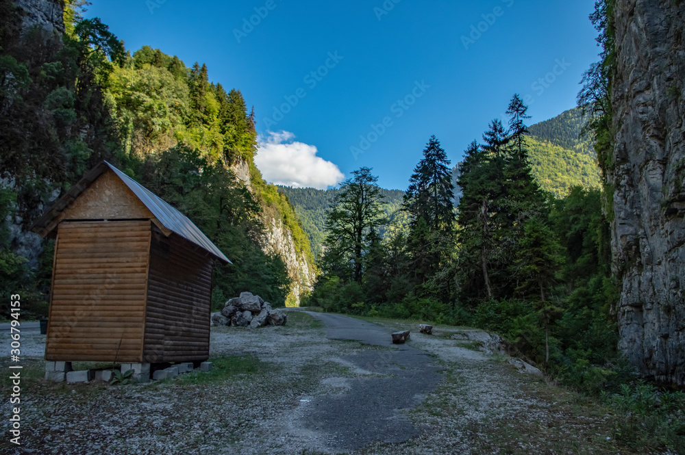 Wooden house on a background of mountains. The house is surrounded by forest. Country houses at the foot of the mountain.