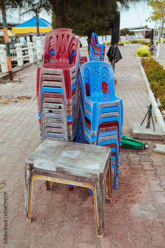 Plastic chairs on the street in summer Asia