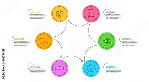 Chemistry atom, Medical phone and Smile chat signs. Infographic timeline. Bus tour, Smile and 24h service line icons set. Transport, Comic chat, Call support. Laboratory molecule. Vector