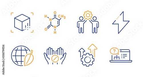 Seo gear, Augmented reality and Employees teamwork line icons set. Environment day, Chemical formula and Medical tablet signs. Energy, Online help symbols. Cogwheel, Virtual reality. Vector