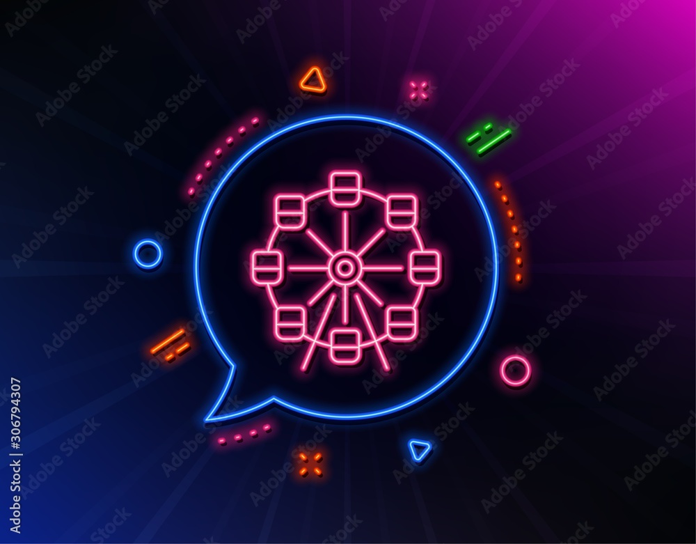 Ferris wheel line icon. Neon laser lights. Amusement park sign. Carousels symbol. Glow laser speech bubble. Neon lights chat bubble. Banner badge with ferris wheel icon. Vector Ferris wheel line icon. Neon laser lights. Amusement park sign. Carousels symbol. Glow laser speech bubble. Neon lights chat bubble. Banner badge with ferris wheel icon. Vector