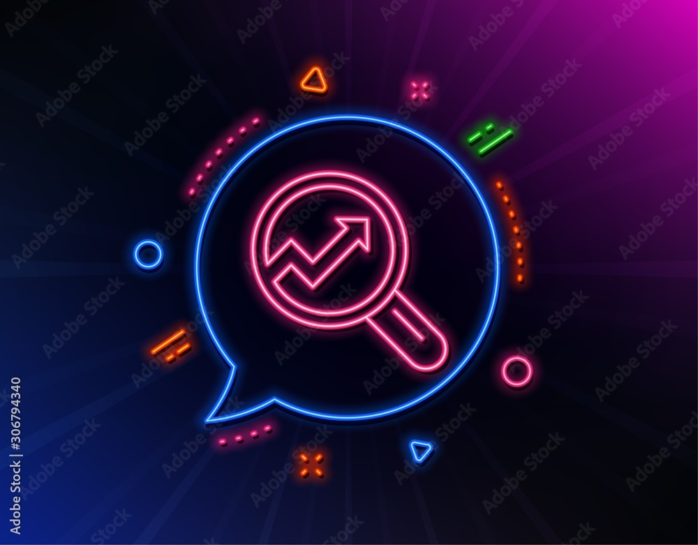 Chart line icon. Neon laser lights. Report graph or Sales growth sign in Magnifying glass. Analysis and Statistics data symbol. Glow laser speech bubble. Neon lights chat bubble. Vector Chart line icon. Neon laser lights. Report graph or Sales growth sign in Magnifying glass. Analysis and Statistics data symbol. Glow laser speech bubble. Neon lights chat bubble. Vector