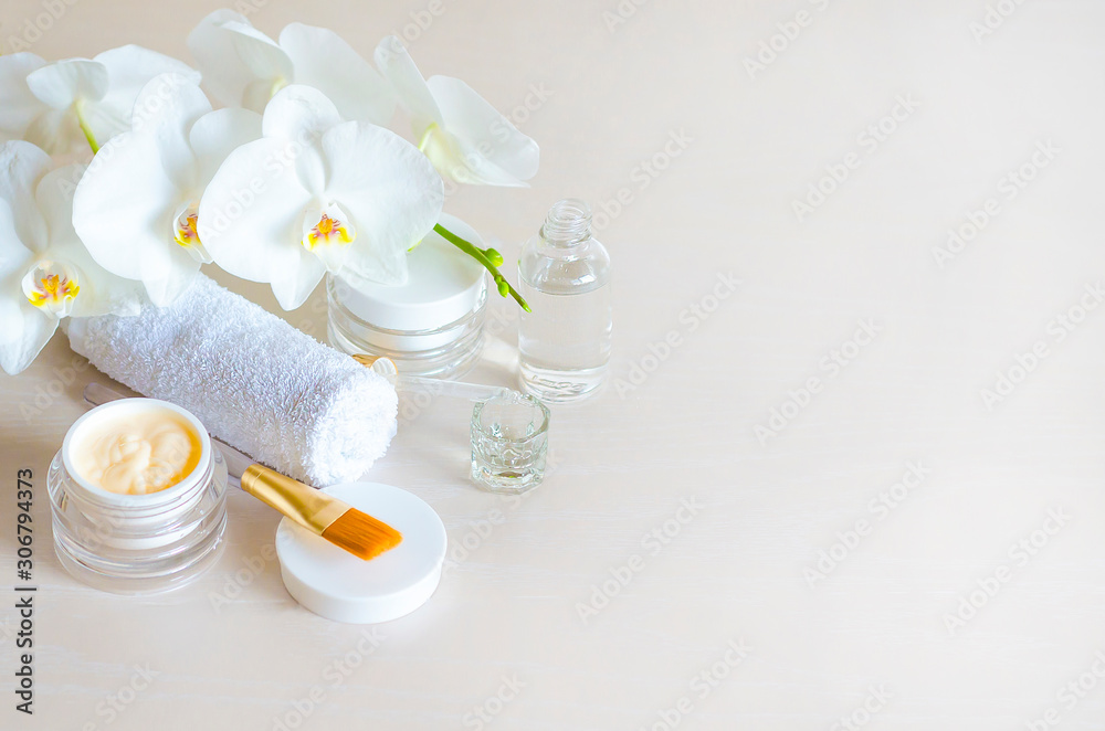 beauty concept. natural cosmetic product for skin care. spa treatments for face and body. cream, serum for nutrition, moisturizing the skin in a professional setting, in a salon, clinic. copy space beauty concept. natural cosmetic product for skin care. spa treatments for face and body. cream, serum for nutrition, moisturizing the skin in a professional setting, in a salon, clinic. copy space