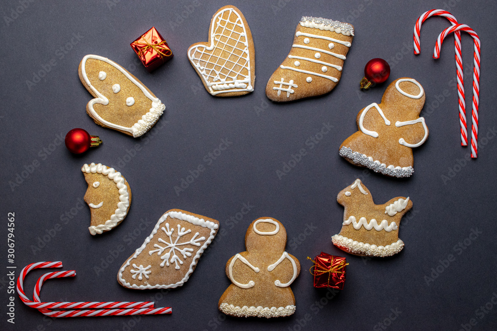 Gingerbread cookies, Christmas homemade gingerbread with empty copy space. Celebration cooking Winter concept. New year and Xmas postcard or invitation