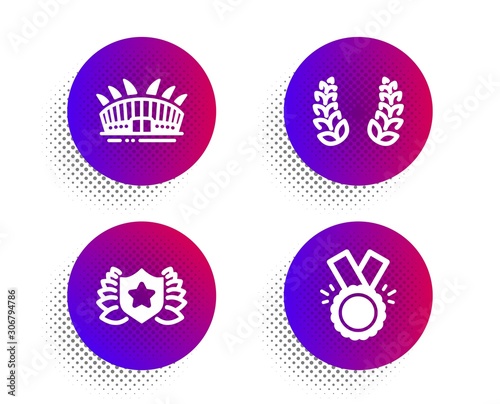 Laureate, Arena stadium and Laurel wreath icons simple set. Halftone dots button. Honor sign. Award shield, Sport complex, Laureate reward. Medal. Sports set. Classic flat laureate icon. Vector