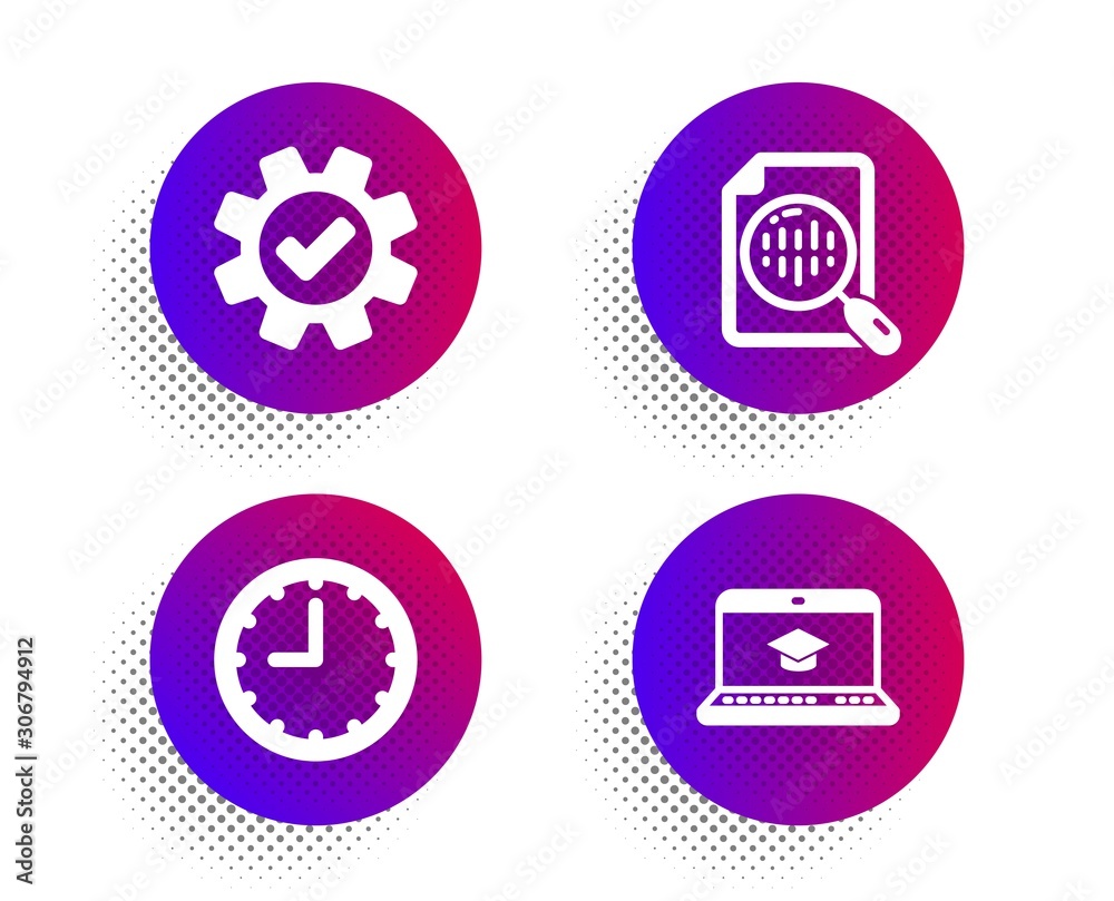 Analytics chart, Service and Time icons simple set. Halftone dots button. Website education sign. Report analysis, Cogwheel gear, Office clock. Video learning. Science set. Vector Analytics chart, Service and Time icons simple set. Halftone dots button. Website education sign. Report analysis, Cogwheel gear, Office clock. Video learning. Science set. Vector