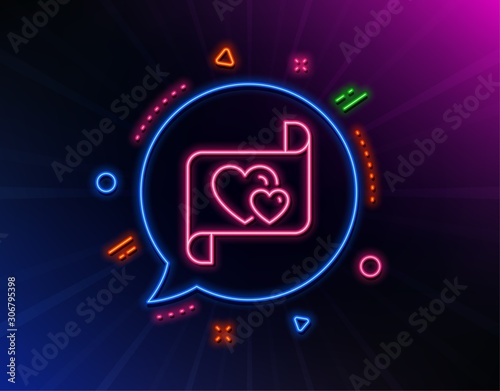 Love letter line icon. Neon laser lights. Heart mail sign. Valentine day symbol. Glow laser speech bubble. Neon lights chat bubble. Banner badge with love letter icon. Vector