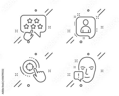 Seo target, Ranking star and Developers chat line icons set. Face attention sign. Click aim, Click rank, Manager talk. Exclamation mark. People set. Line seo target outline icon. Vector © blankstock
