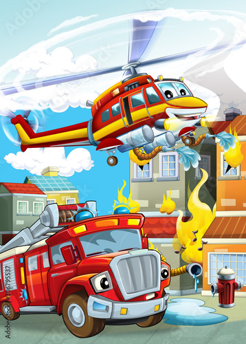 cartoon scene with different fire fighter machines helicopter and fire brigade truck illustration for children © honeyflavour