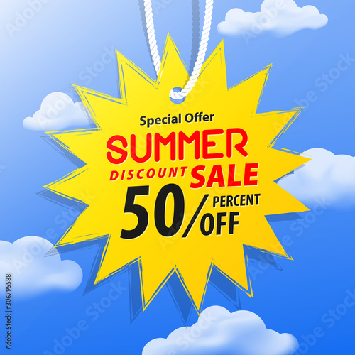 Special offer Summer discount sale 50 percent off promotion website banner heading design on price tag yellow sun shape on the sky with cloud vector for banner or poster. Sale and Discounts Concept.