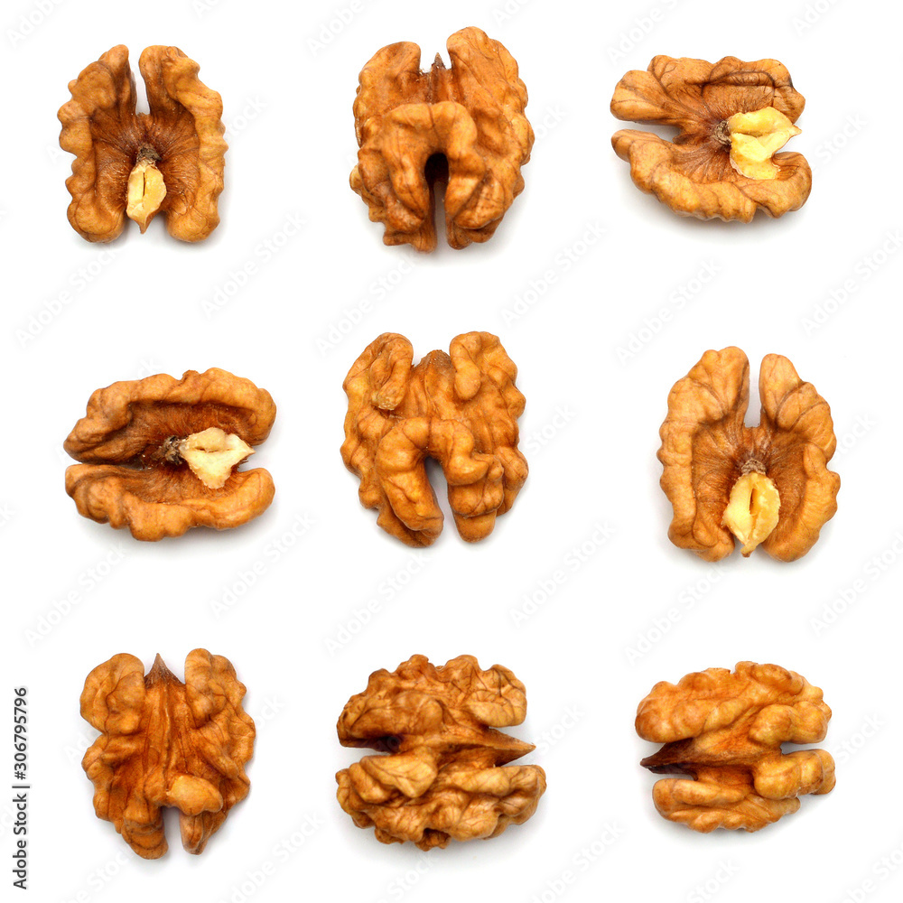 Walnuts kernels collection isolated on white background. Flat lay, top view Walnuts kernels collection isolated on white background. Flat lay, top view