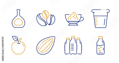 Espresso cream, Apple and Coffee-berry beans line icons set. Cognac bottle, Almond nut and Cooking beaker signs. Water bottles, Water bottle symbols. Cafe con panna, Fruit. Vector