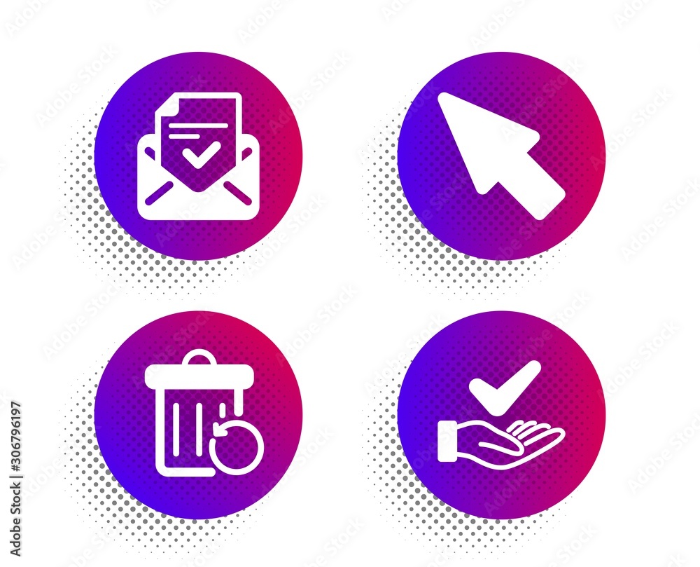 Mouse cursor, Approved mail and Recovery trash icons simple set. Halftone dots button. Dermatologically tested sign. Click arrow, Confirmed document, Backup file. Organic. Technology set. Vector Mouse cursor, Approved mail and Recovery trash icons simple set. Halftone dots button. Dermatologically tested sign. Click arrow, Confirmed document, Backup file. Organic. Technology set. Vector