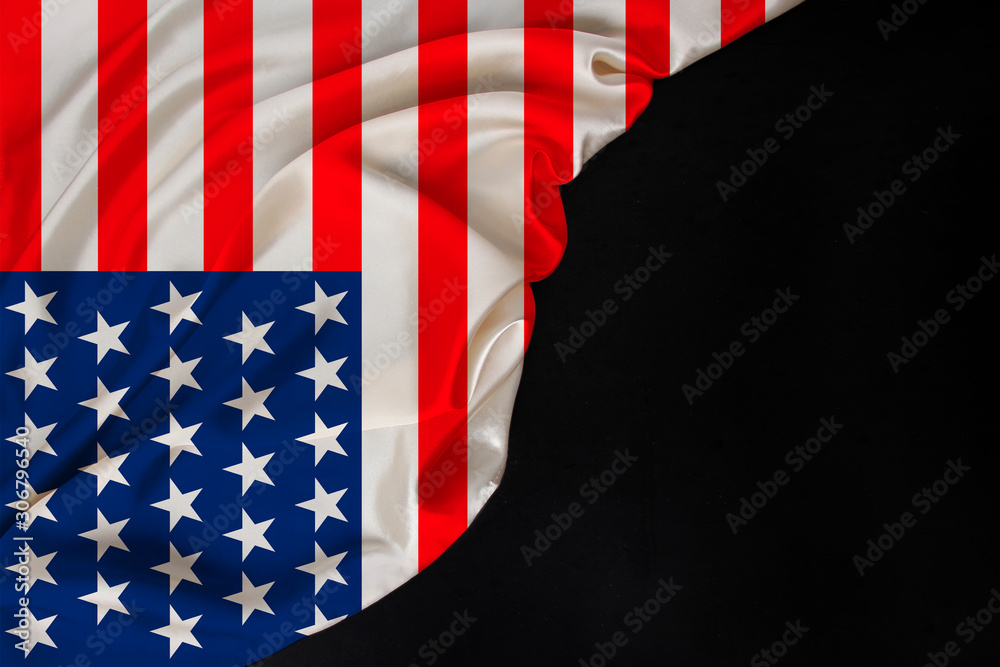 Obraz premium vertical color national flag of modern USA state, beautiful silk, black blank form, concept of tourism, economy, politics, emigration, independence day, copy space, template