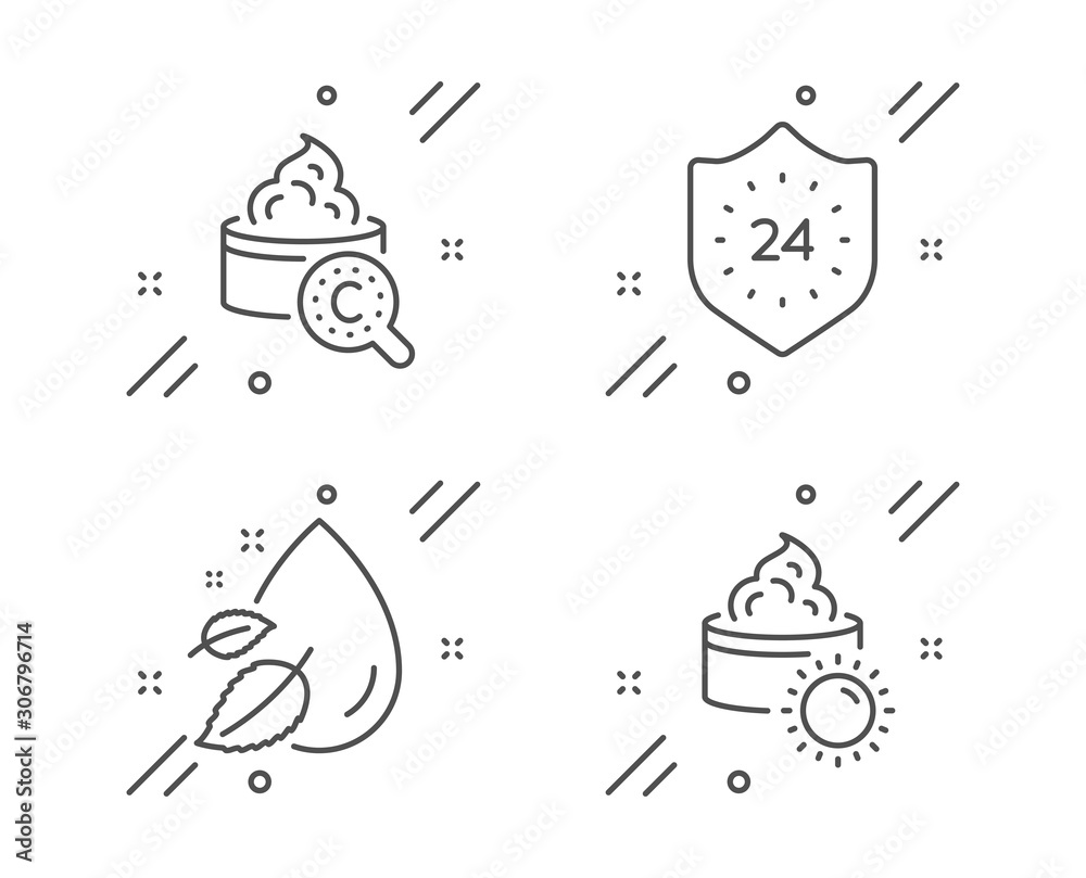 Fototapeta premium Water drop, Collagen skin and 24 hours line icons set. Sun cream sign. Serum oil, Skin care, Protection. Face lotion. Beauty set. Line water drop outline icon. Vector
