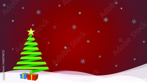 Christmas background with Christmas tree and two gifts underneath, vector illustration.