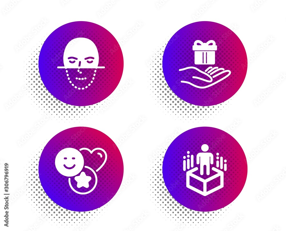 Smile, Face recognition and Loyalty program icons simple set. Halftone dots button. Augmented reality sign. Social media likes, Faces biometrics, Gift. Virtual reality. People set. Vector Smile, Face recognition and Loyalty program icons simple set. Halftone dots button. Augmented reality sign. Social media likes, Faces biometrics, Gift. Virtual reality. People set. Vector