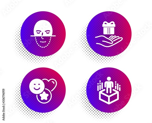 Smile, Face recognition and Loyalty program icons simple set. Halftone dots button. Augmented reality sign. Social media likes, Faces biometrics, Gift. Virtual reality. People set. Vector